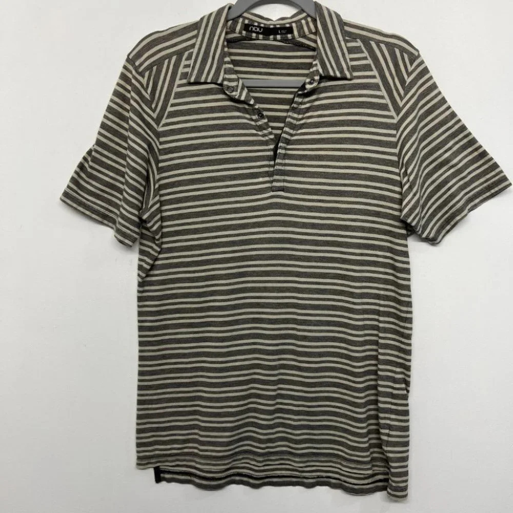 Nau Men's Polo Striped L Gray Cream Shirt Cotton